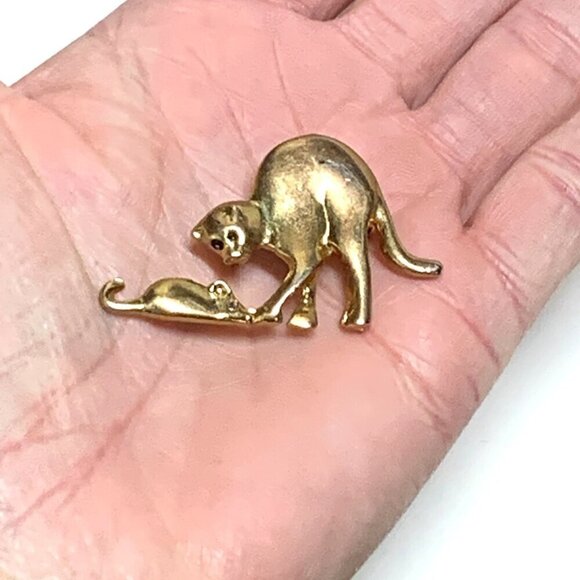Vintage Cat & Mouse Gold Tone Brooch Untested 2" - Picture 4 of 4